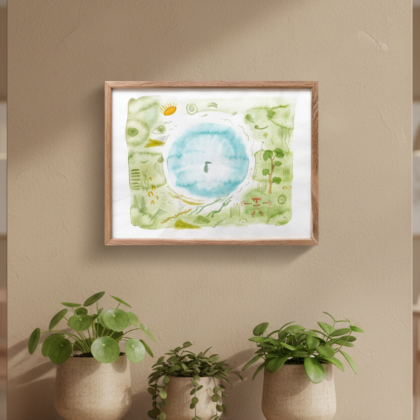 Watercolor painting on beige café wall