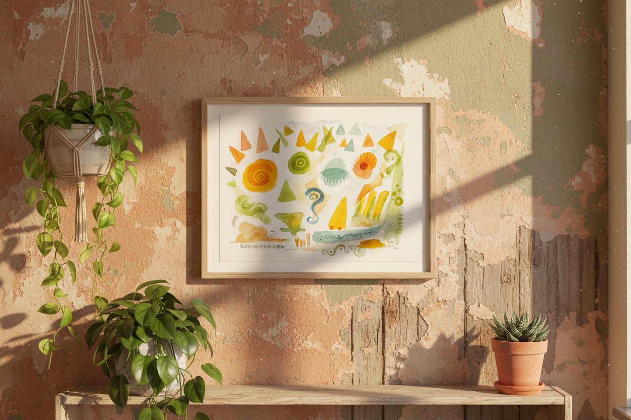 Watercolor painting on rustic wall